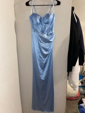 B Darlin Light Blue Satin Beaded Spaghetti-Strap Prom Gown